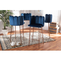 Baxton Studio BA-11-Navy Blue/Rose Gold-BS-4PC Set Kaelin Luxe and Glam Navy Blue Velvet Fabric Upholstered and Rose Gold Finished 4-Piece Bar Stool Set